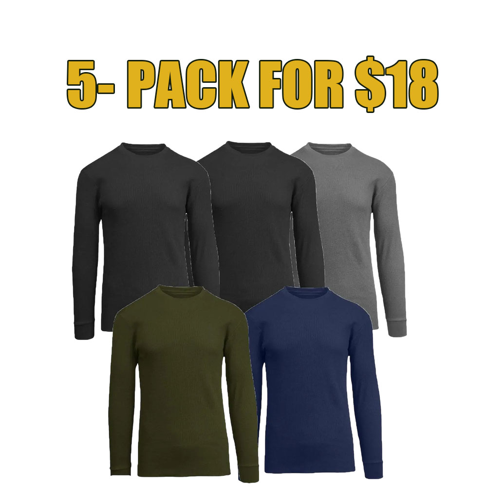 5-Pack Waffle Knit Thermal Shirts – Long Sleeve Crew Neck & Henley Set