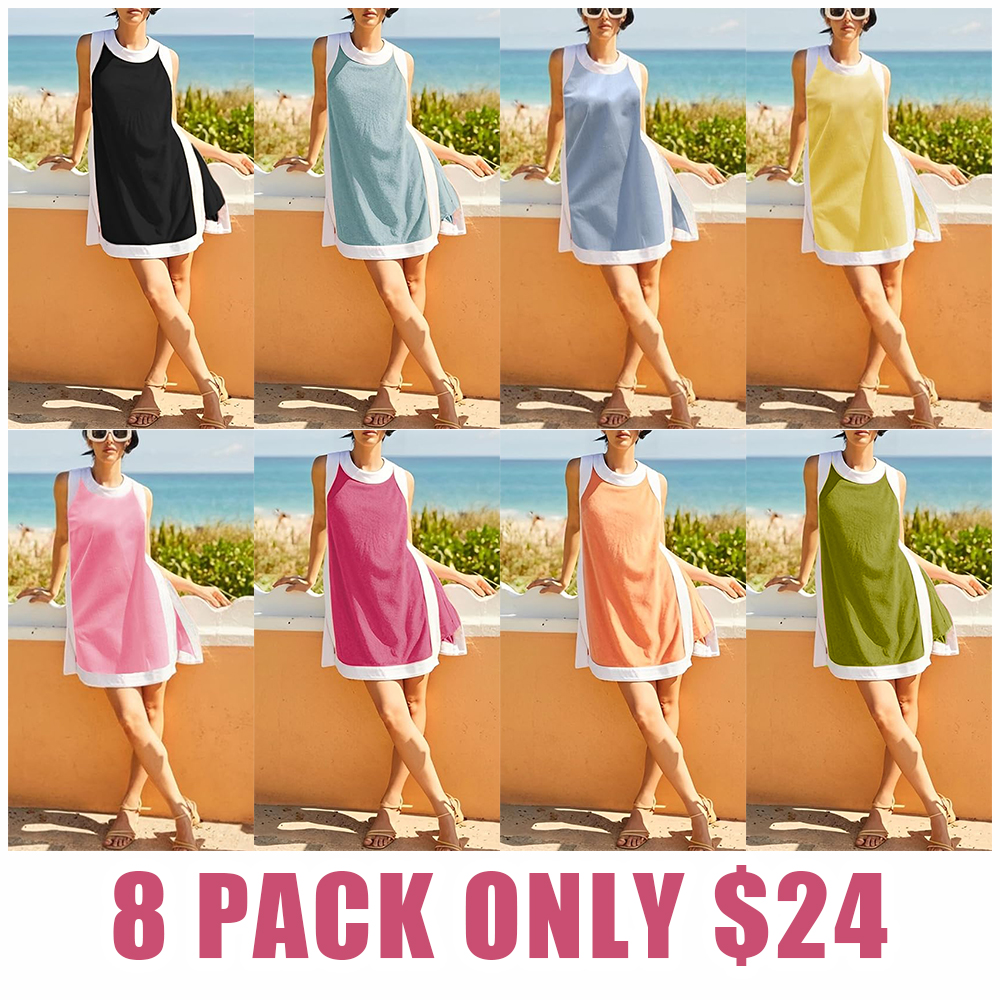 Women's Casual Two Piece Sets ColorBlock Crewneck Sleeveless Pullover Tops MatchingShorts With Pockets