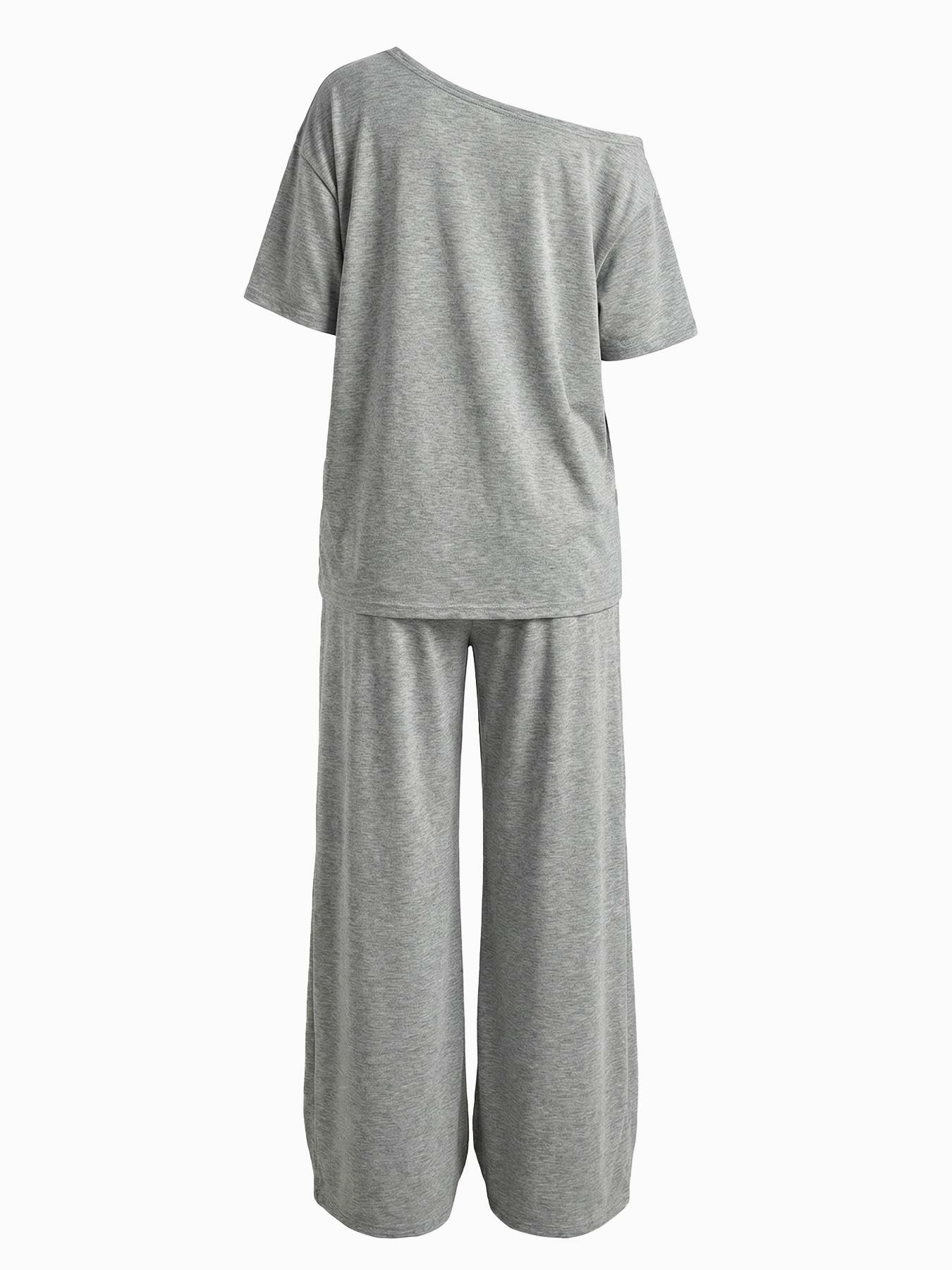 Women's Minimalist Basic Daily Wear Casual Going Out Sport Comfortable Off Shoulder T-Shirt And Wide Leg Pants Two Pieces Outfits