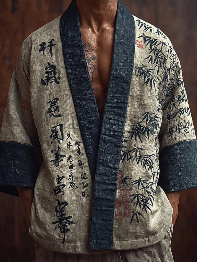 Men's Japanese Bamboo Calligraphy Art Retro Linen Kimono