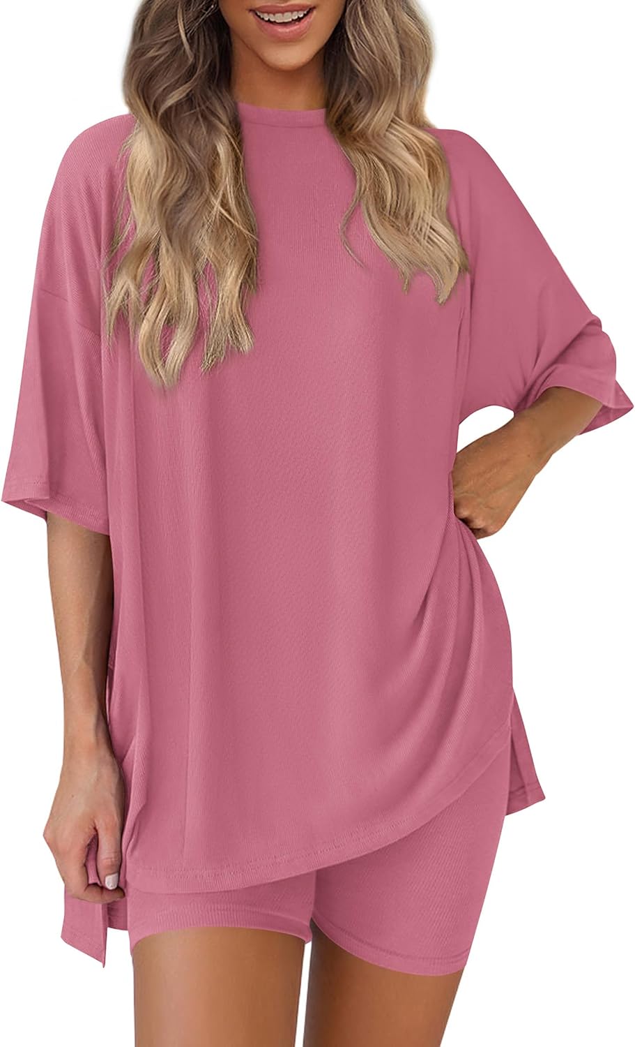 Women 2 Piece Lounge Set 2026 Summer Casual Oversized Shirts Biker Shorts Matching Airport Travel Outfit Clothes