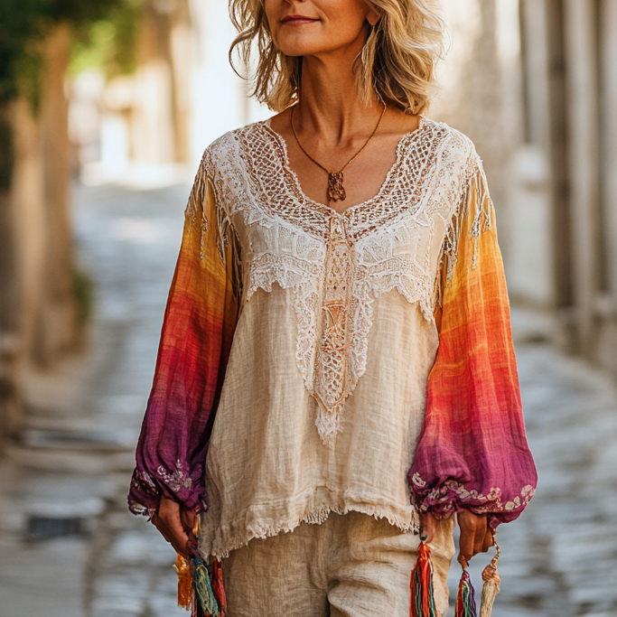 Women's Elegant Linen Long Sleeve Top 7294