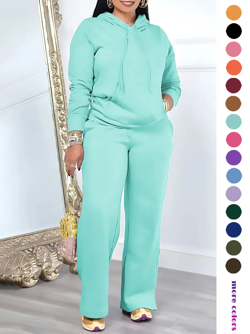 🔥Two-Piece Set Women's Solid Drawstring Hoodie & High Waist Pants Set, Casual Long Sleeve Pocket Hooded Sweatshirt & Straight Leg Trousers for Spring & Fall, Ladies' Clothes for Daily Wear