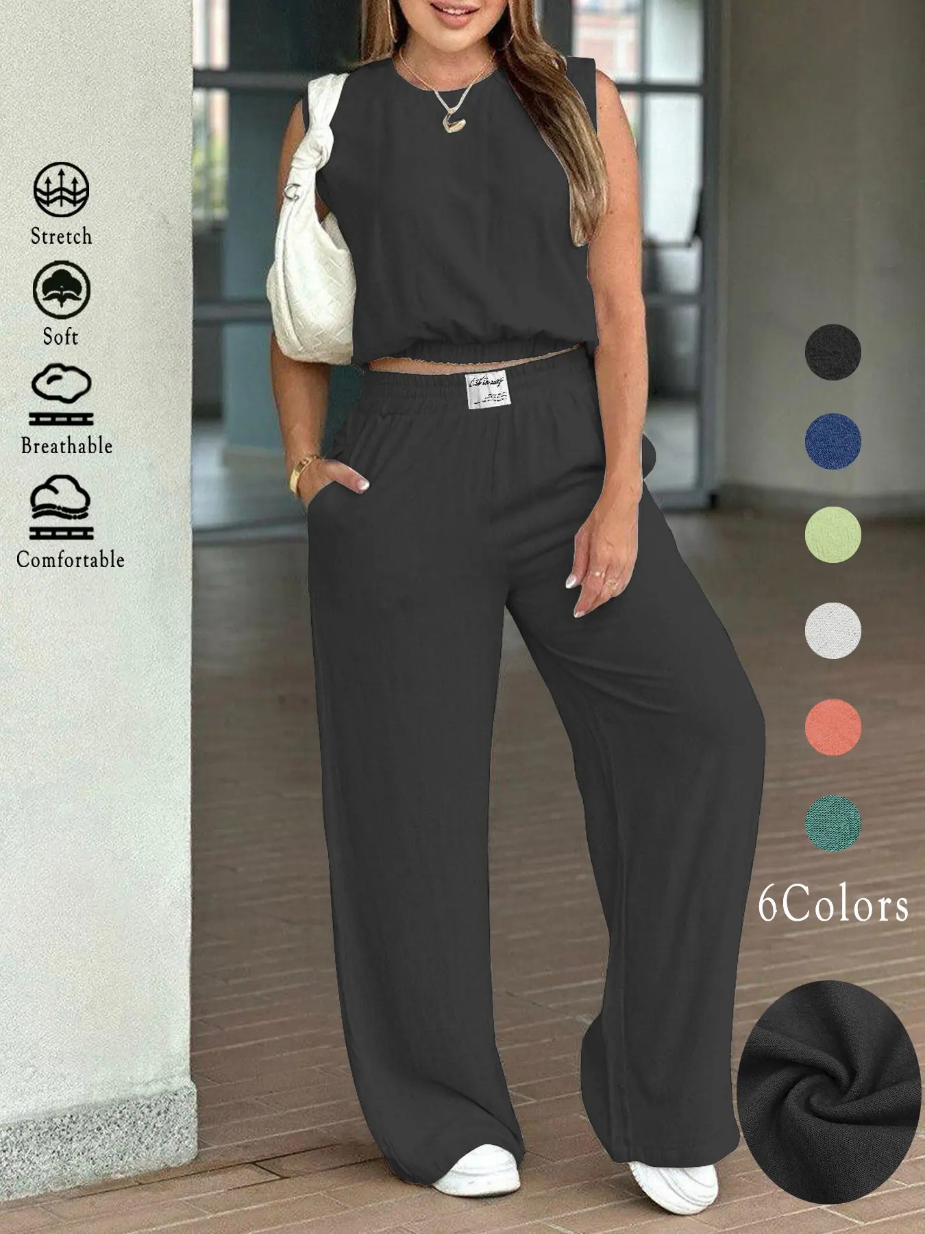 Women's Summer 2-Piece Outfit - Solid Color Tank Top & Wide Leg Elastic Waist Pants Set☀️