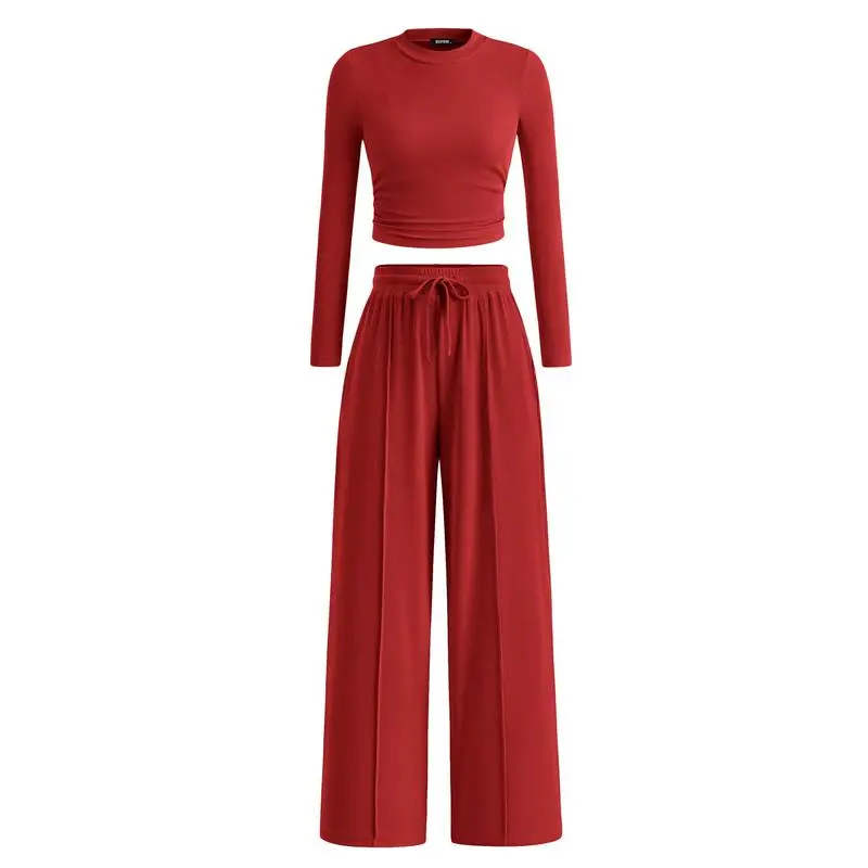 ✨2-Piece Ribbed Knit Long Sleeve Crop Top Wide Leg Pants Lounge Set🔥