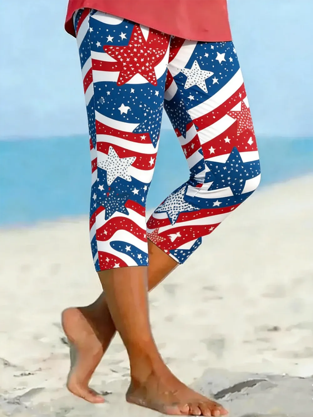 Women Striped Capris Elastic Waist Pants Casual Summer Trousers