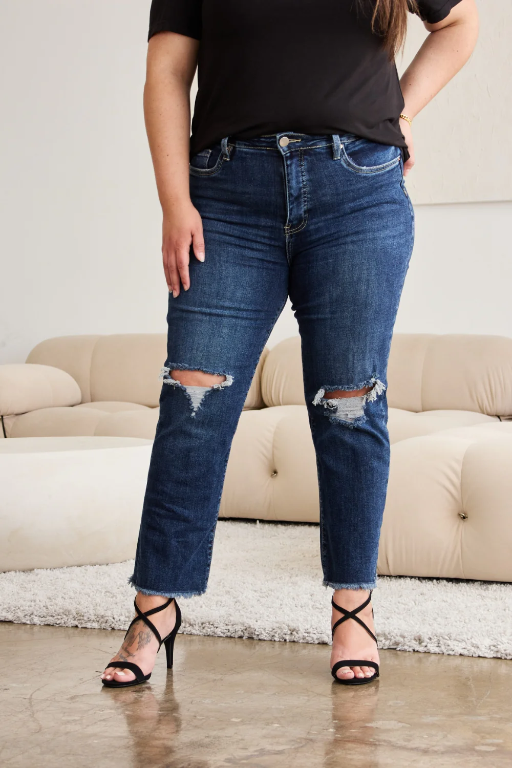 Crop Full Size Tummy Control Distressed High Waist Raw Hem Jeans