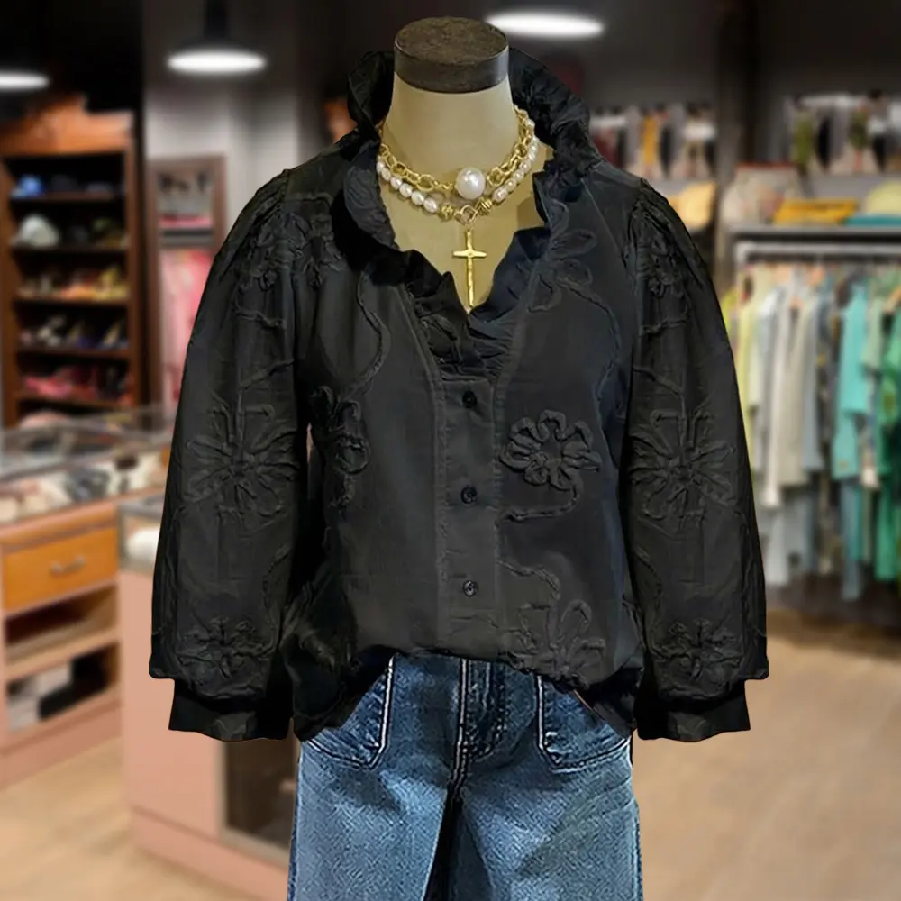 Cherrybetty 100%Cotton Elegant Embroidered Flower Ruffle Neck Puff Sleeve Cotton Top Women Casual Style Vintage Blouse Cute Fall Outfits for Womenswear