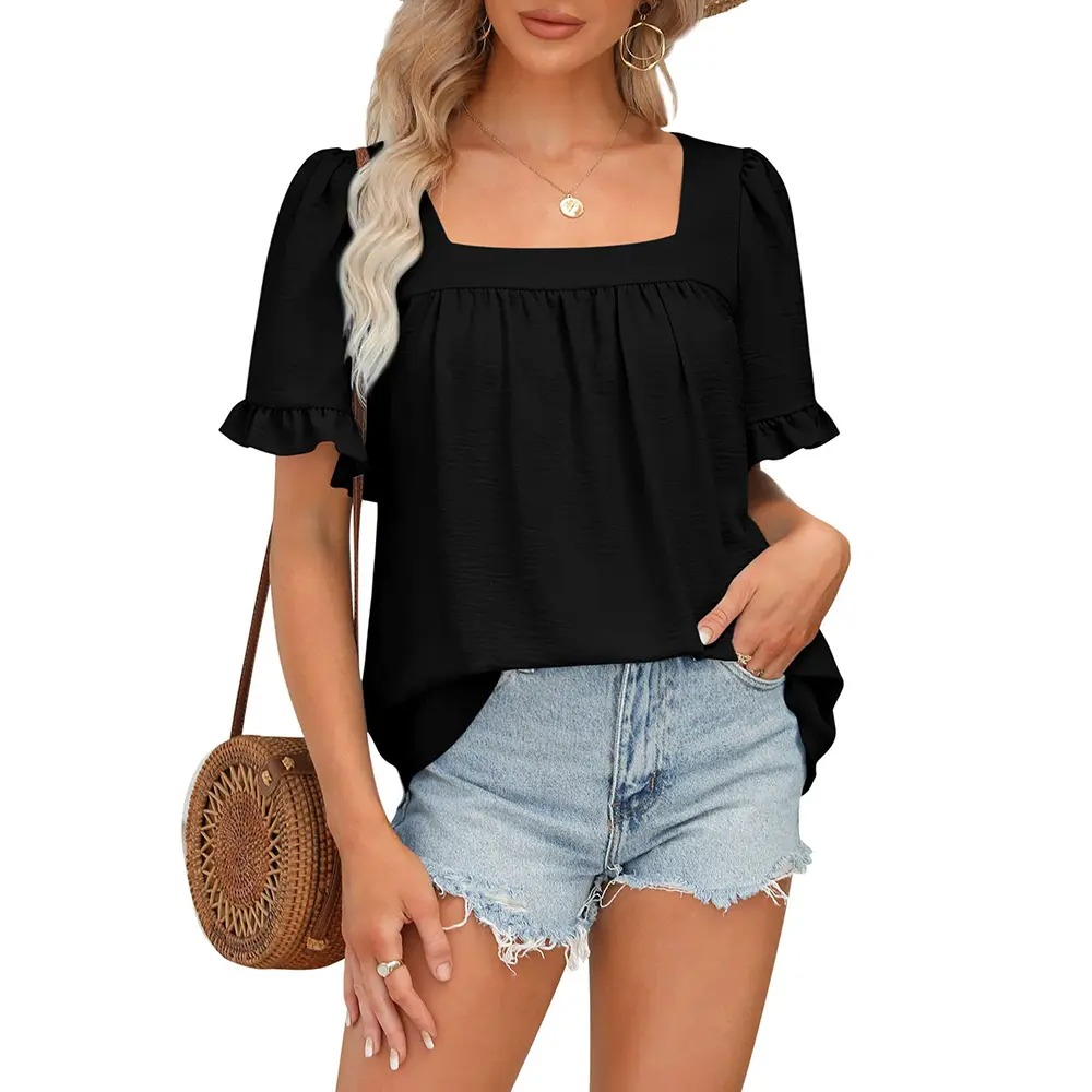 Women's Cottagecore Coquette Blouse - Square Neck Peplum Top with Ruffle Sleeves