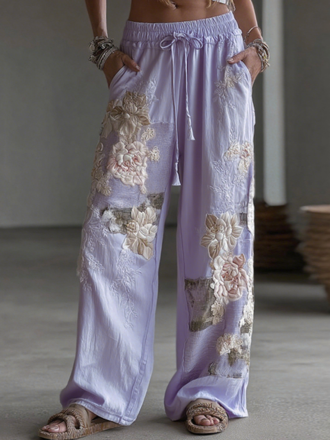 Women's Retro Floral Patchwork Art Casual Linen Pants