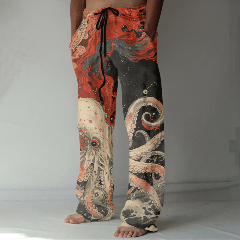 Vintage Japanese Art Octopus Print Linen Blend Casual Pants