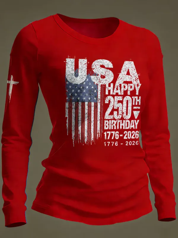 Ladies' Leisure 250Th Anniversary National Day Celebration Round Neck Long Sleeve T-Shirt