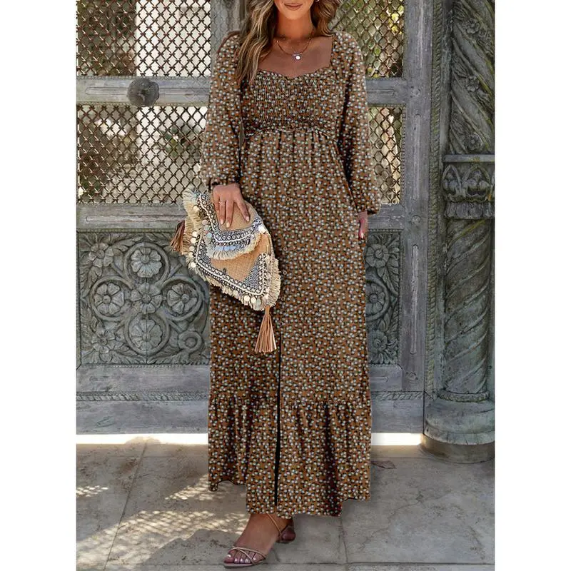 Women’s Long Sleeve Boho Dress – Square Neck & Button Detail
