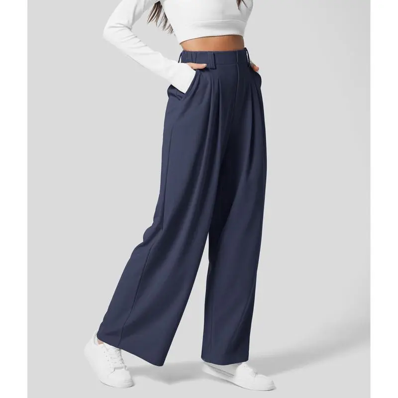 High Waisted Plicated Side Pocket Wide Waffle Work Pants