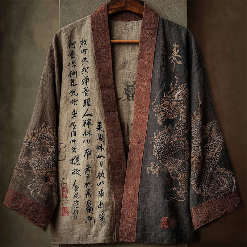 Japanese Dragons & Calligraphy Contrast Linen Kimono