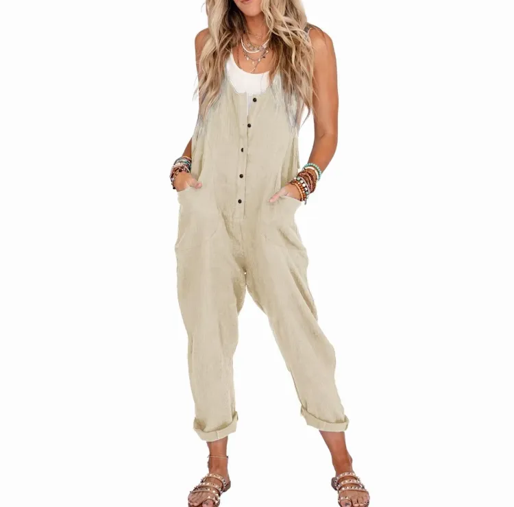 Women's Linen Cotton Overalls – Lightweight Casual Jumpsuits with Pockets for Summer
