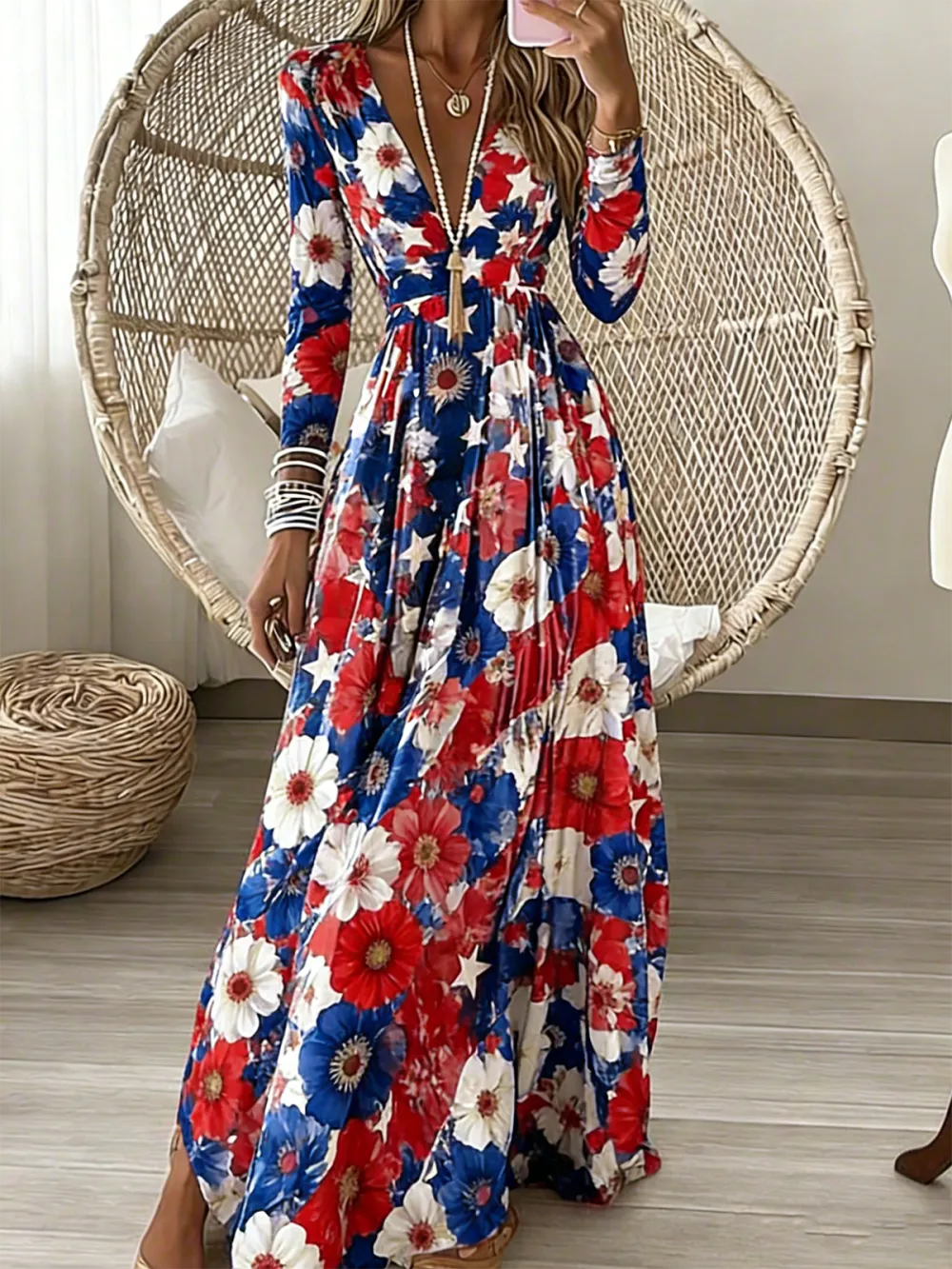 Women Geometric Spring/Fall Dress V Neck Long Sleeve A-Line Dress