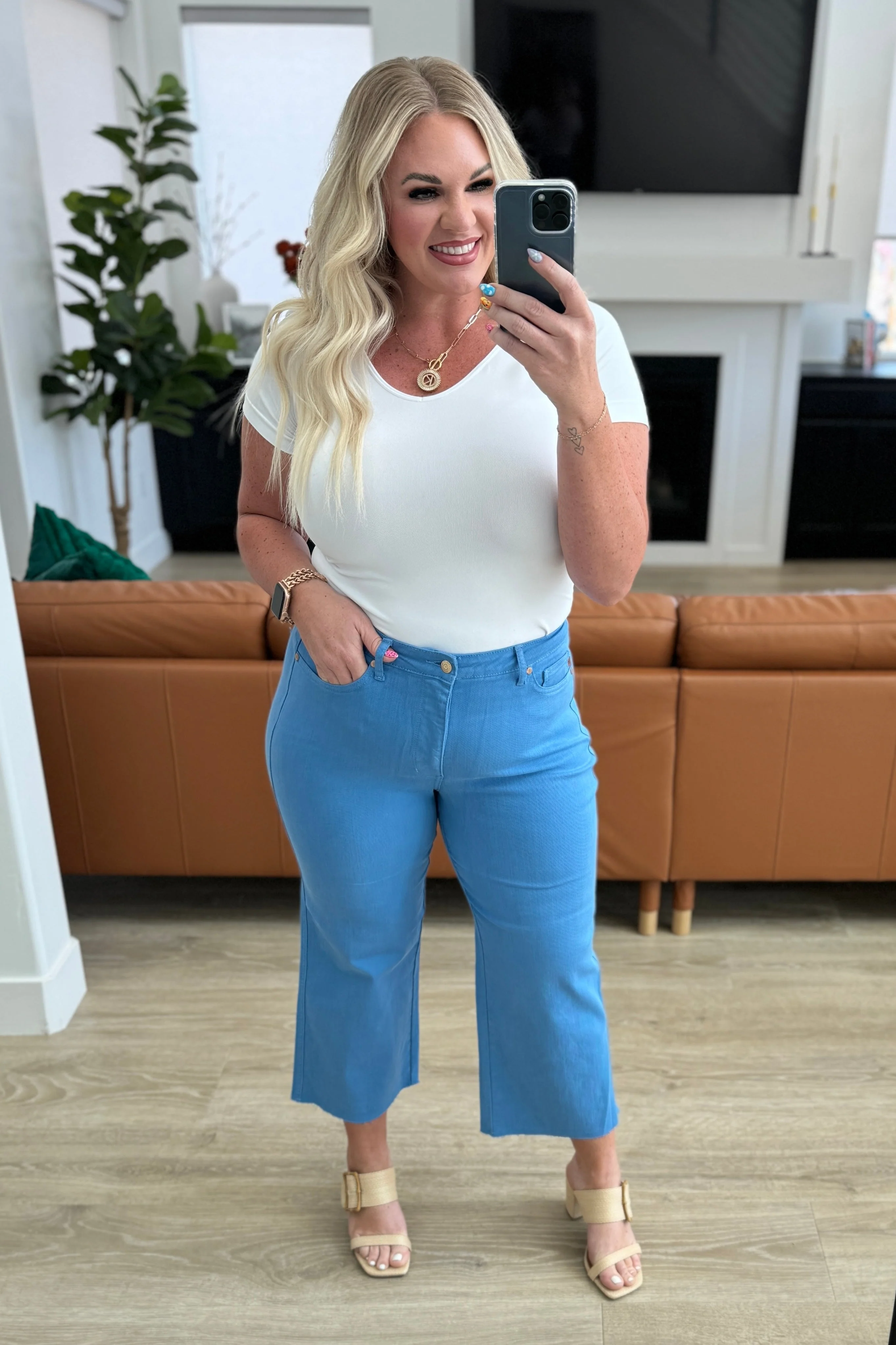 High Rise Control Top Wide Leg Crop Jeans in Sky Blue
