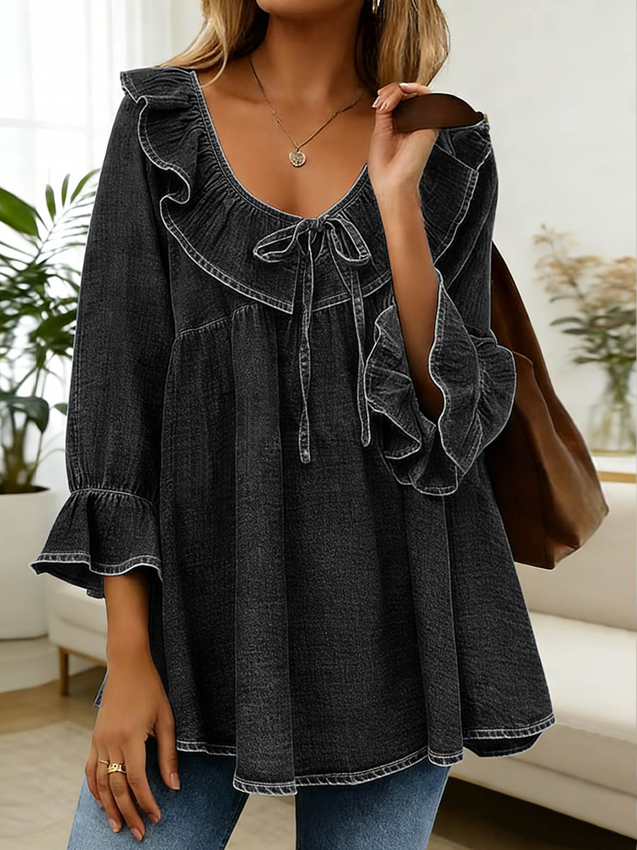 Women's Ruffled V-neck 3/4sleeved Loose-fitting Denim Top