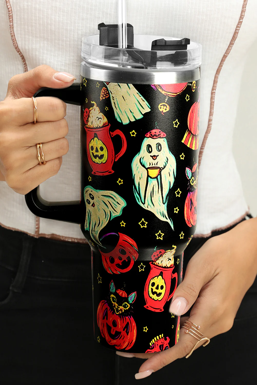 Black Halloween Ghost Pumpkin Print Large Tumbler 40oz