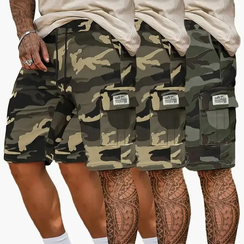 Camouflage Twill Pocket Shorts Men's Casual Khaki Green Black Trousers Suitable For Daily Wear Outfit