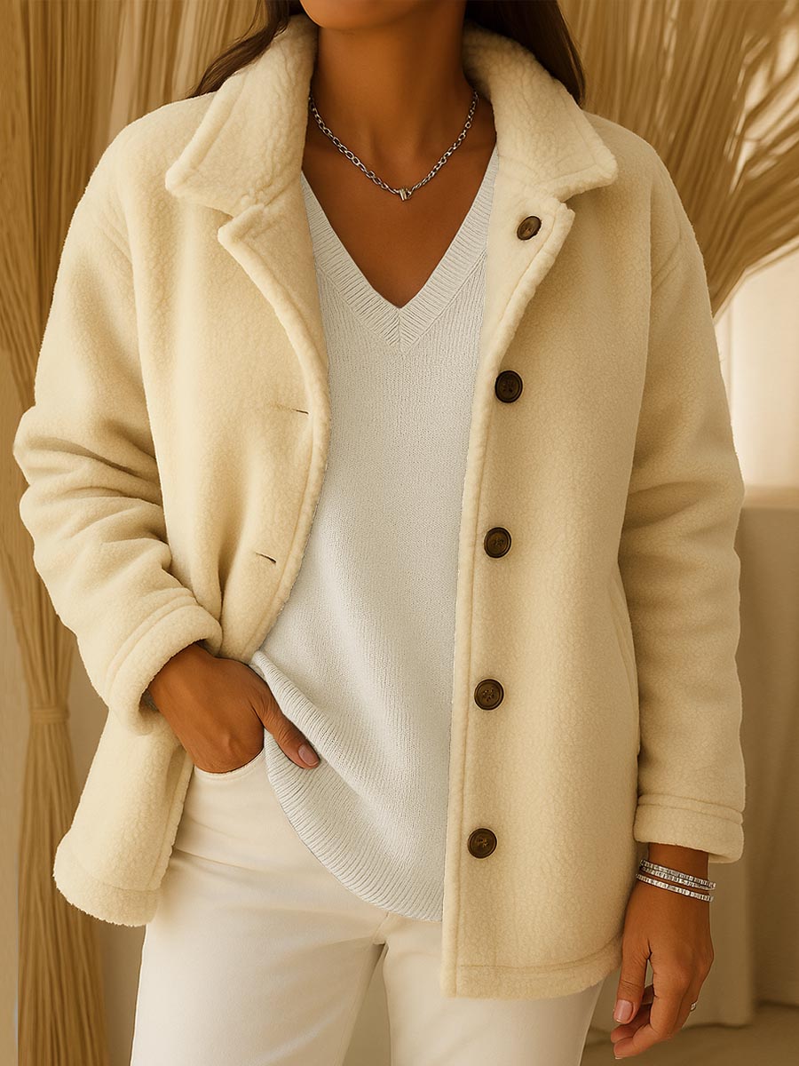 Women's Solid Color Lapel Long Sleeve Polar Fleece Cardigan Jacket