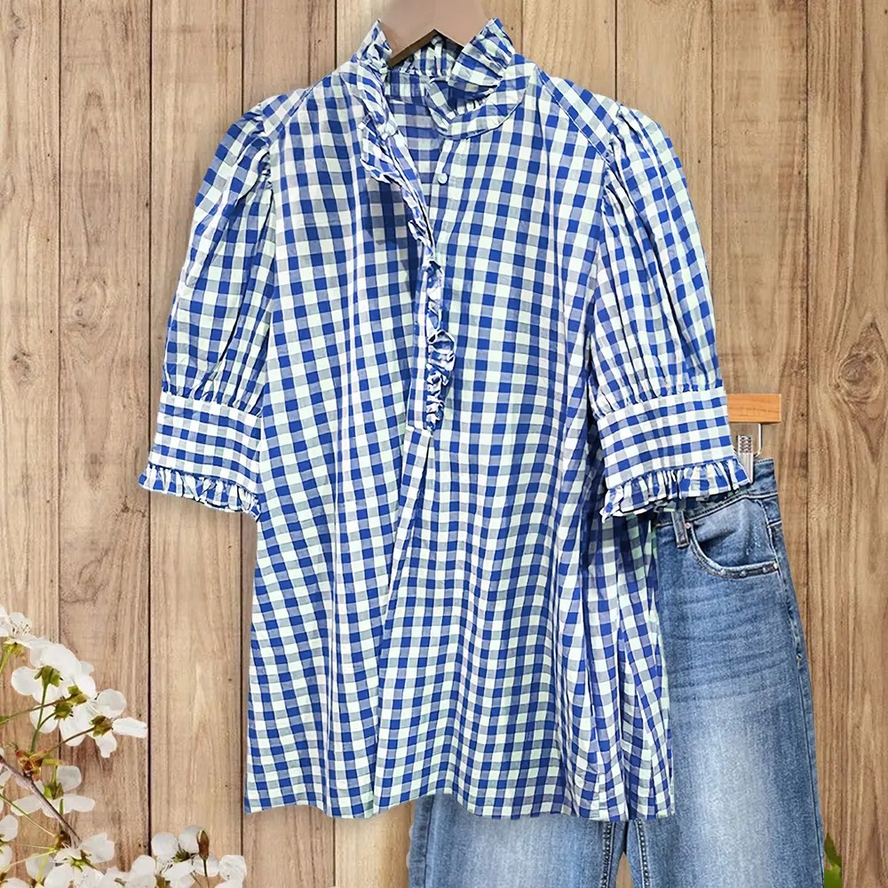 🌿 Women's Vintage Gingham Puff Sleeve Blouse
