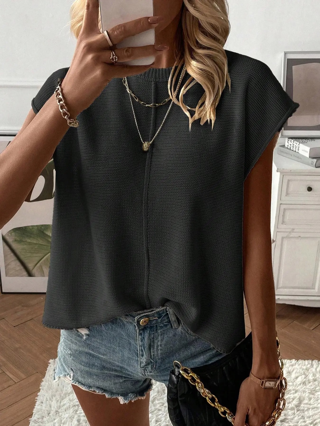 Women's Solid Color Round Neck Sweater Vest - Casual Lightweight Knit Top for Summer Daily Wear