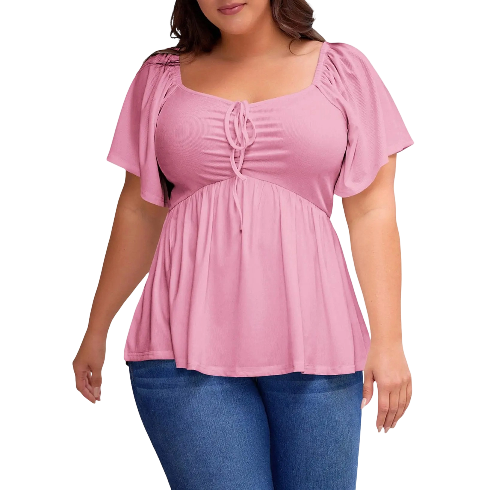 Women Plus Size Sweetheart Neck Short Sleeve Shirred Peplum Blouse Tops Shirts