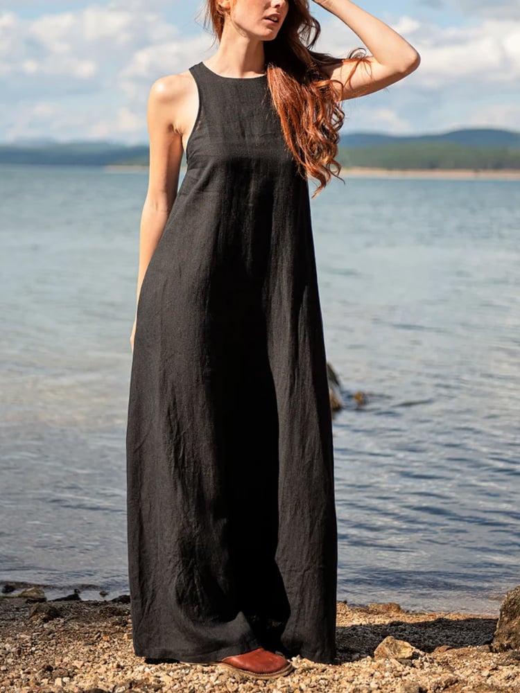 Women's Casual Solid Color Sleeveless Linen Long Dress  4544
