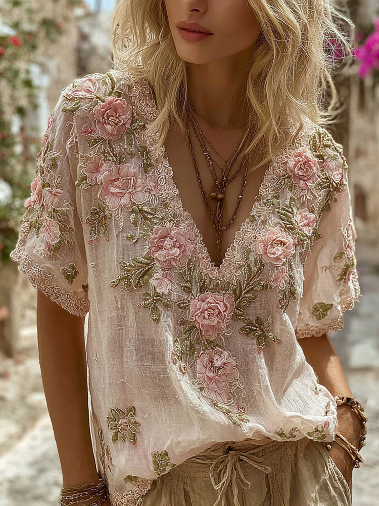 Vintage Rose Embroidered Art V-neck Short-sleeved Shirt