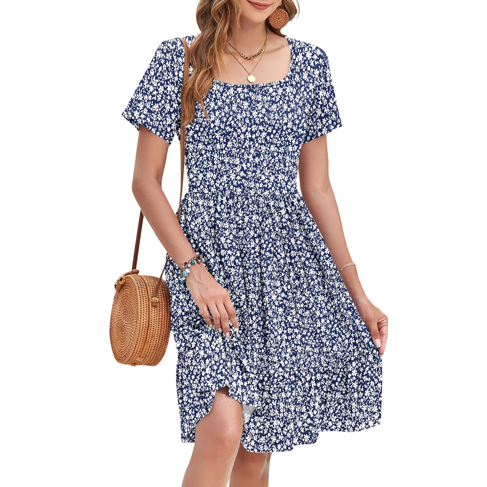 Womens Square Neck Casual Short Sleeve Dress 2026