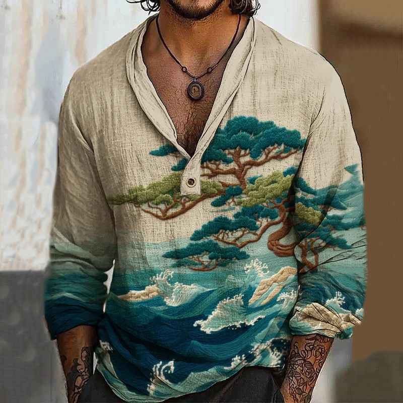 Men's Vintage Japanese Wave Pine Art Print Long Sleeve Linen Blend Shirt