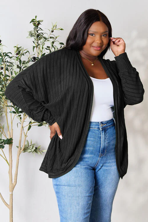 Full Size Ribbed Open Front Long Sleeve Cardigan