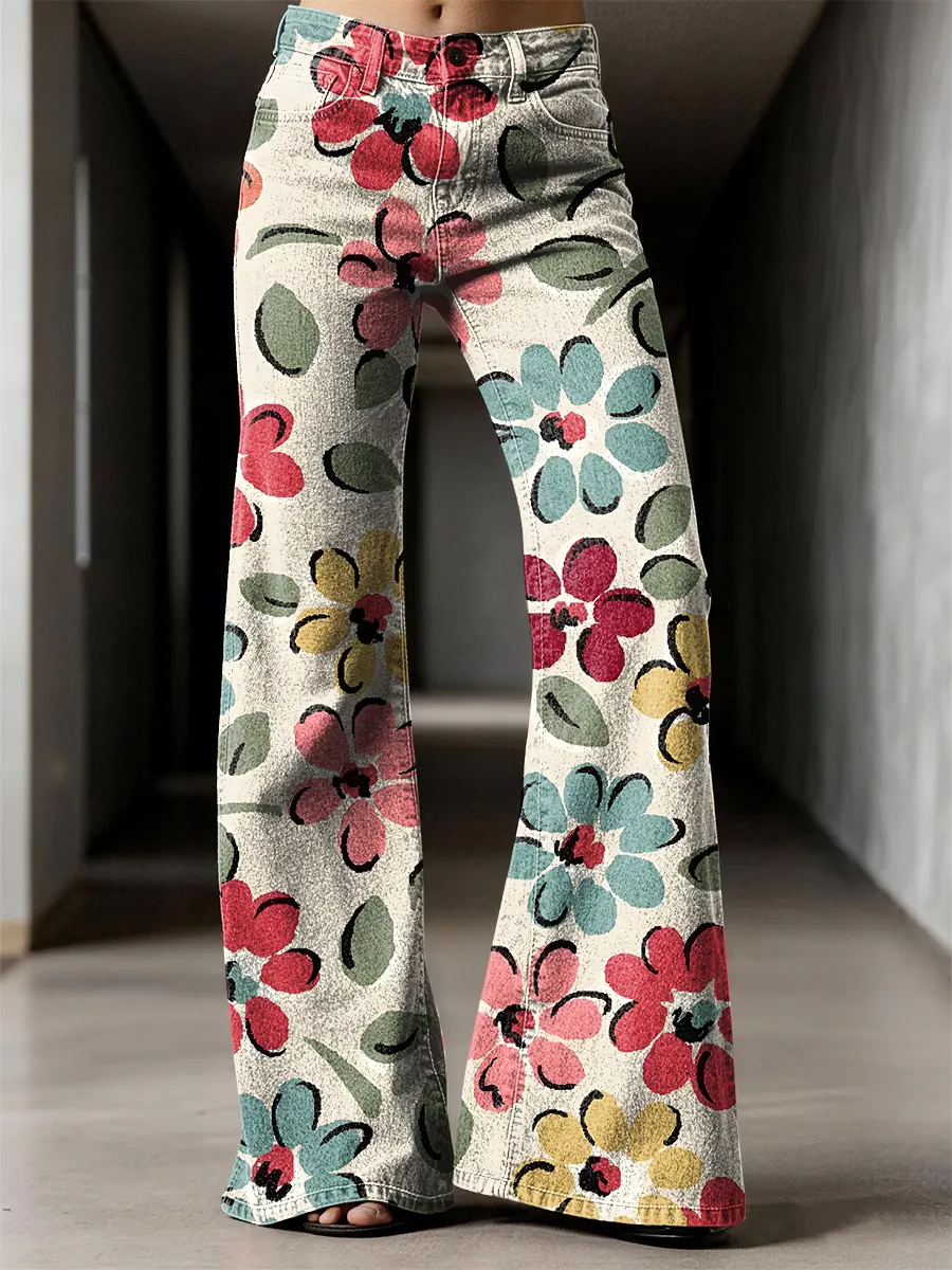 Retro Multicolored Flowers Art Print Casual Flared Jeans