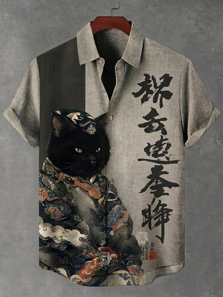 Men's Japanese-style Cat Calligraphy Art Print Linen Short-sleeved Shirt