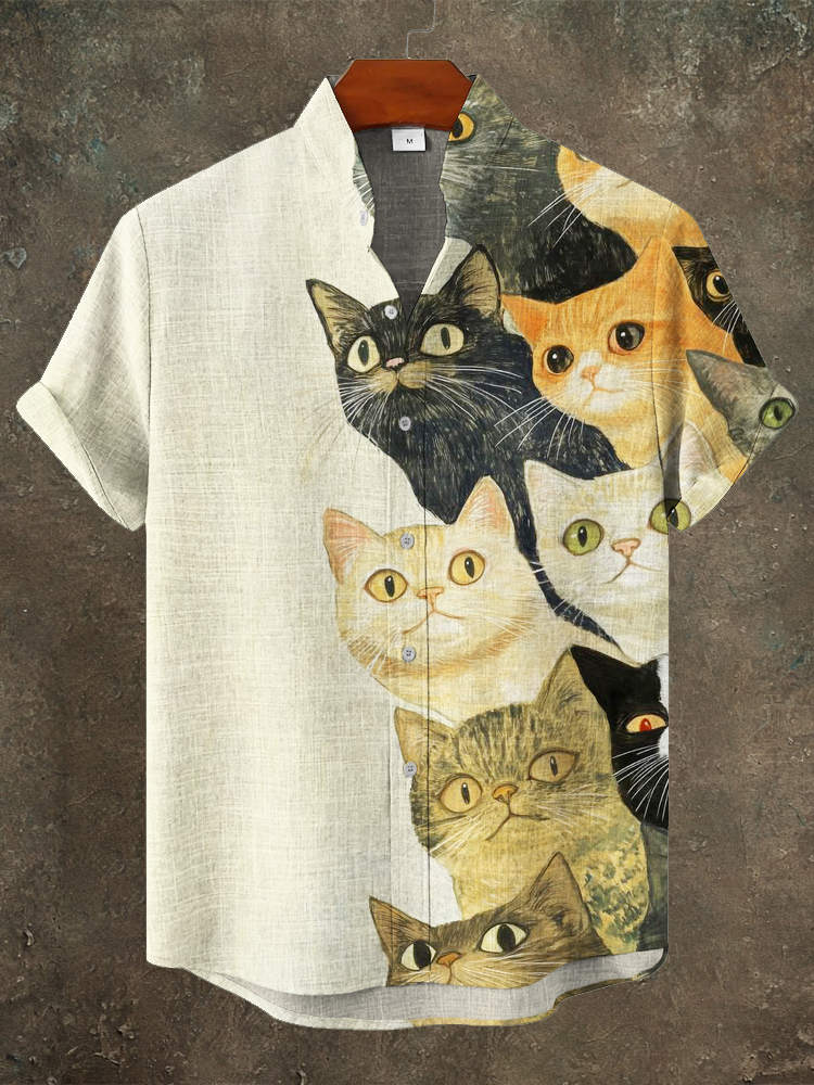 Vintage Japanese Cat Print Men's Linen Short Sleeve Shirt