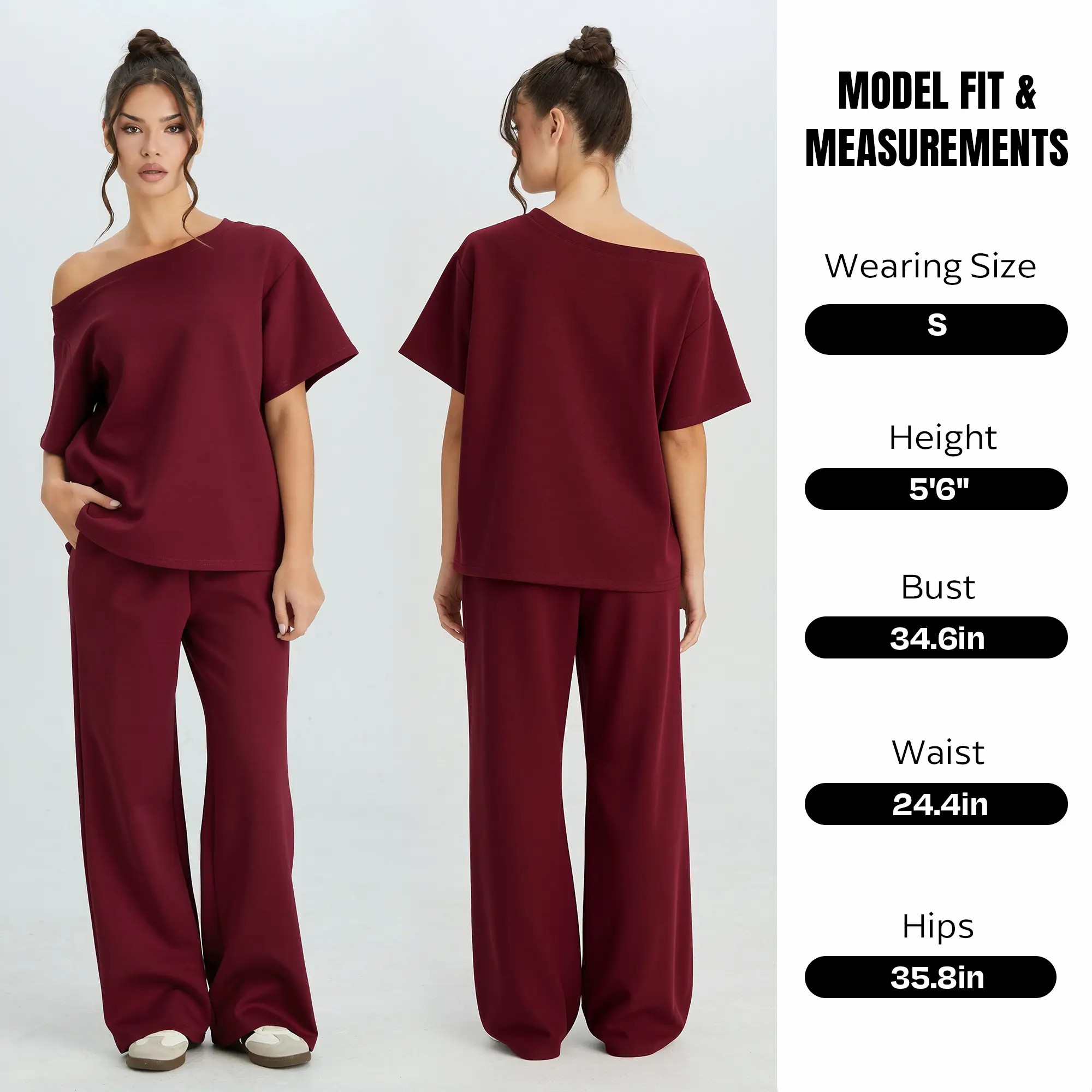 Women's Leisure Solid Color Sloping Shoulder Short Sleeve Top & Drawstring Waist Wide Leg Trousers Co-ord