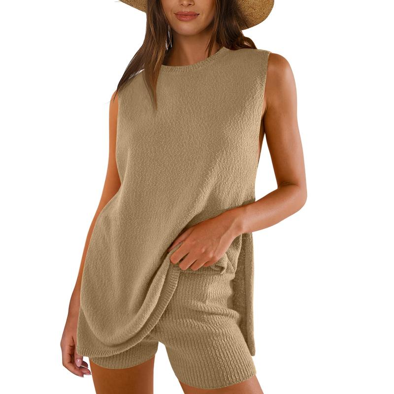 Women’s 2-Piece Summer Knit Sweater Set – Sleeveless Tunic Top & Matching Shorts, Casual Beach Lounge Outfit