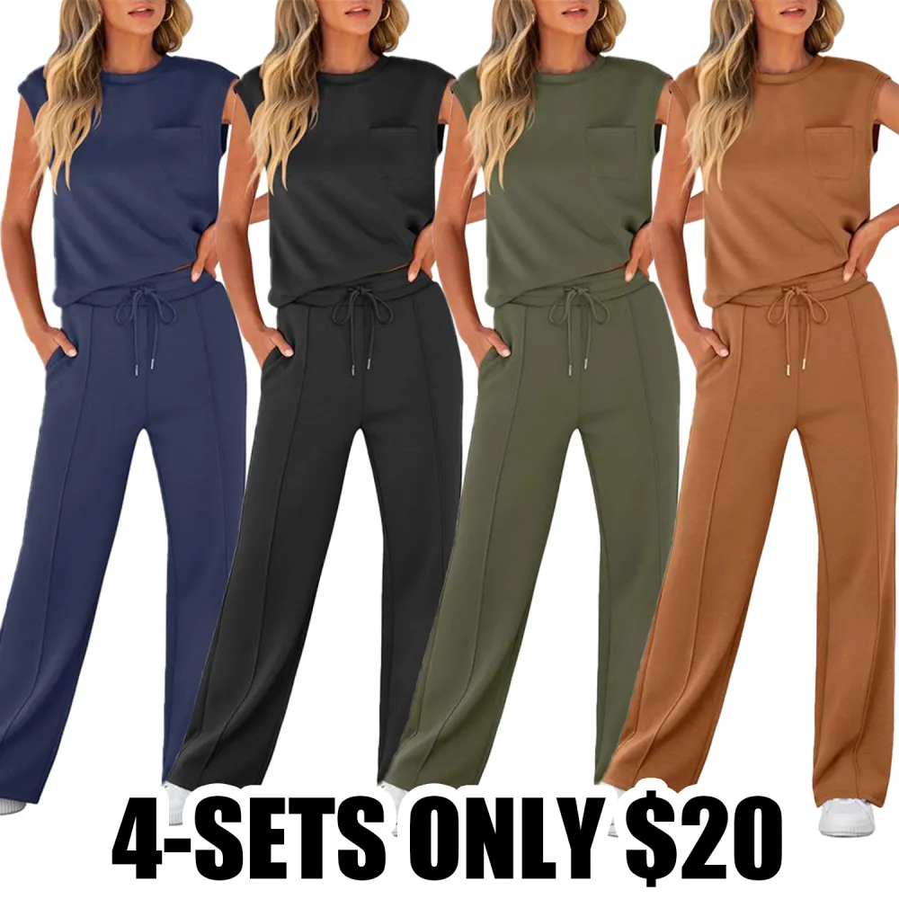 Women's 2 Piece Sleeveless Lounge Set – Casual Summer Tracksuit with Wide Leg Pants, Comfy Matching Outfit for Vacation & Everyday Wear
