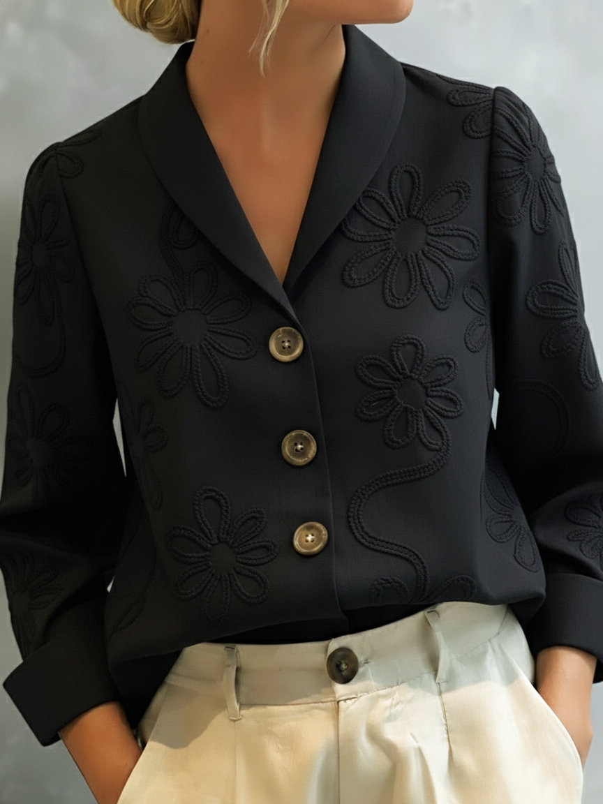 Vintage Floral Embroidered Shawl Collar Blouse