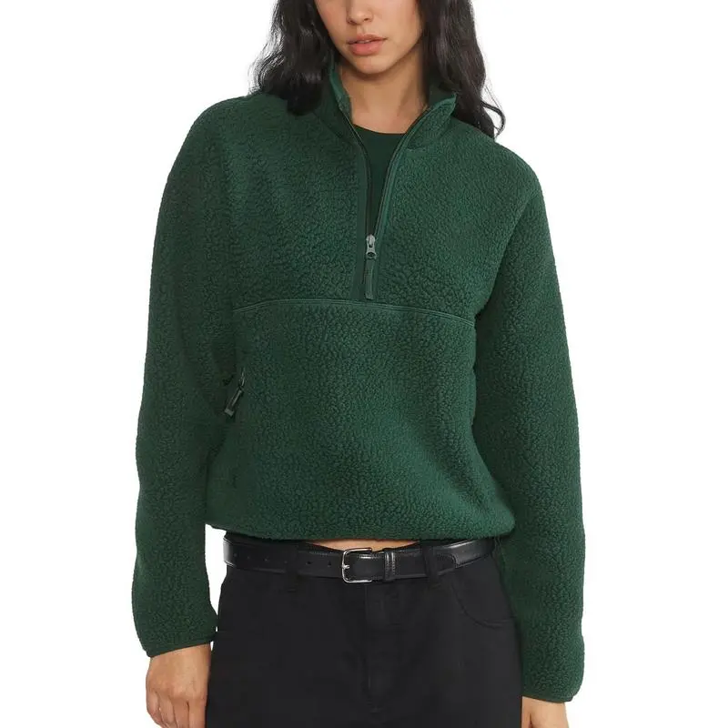 Women’s Fleece Cropped Pullover – Half Zip Sherpa Jacket with Pockets
