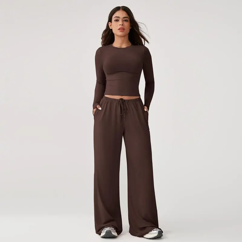 Women's 2-Piece Long-Sleeve Top & Wide-Leg Pants Activewear Set