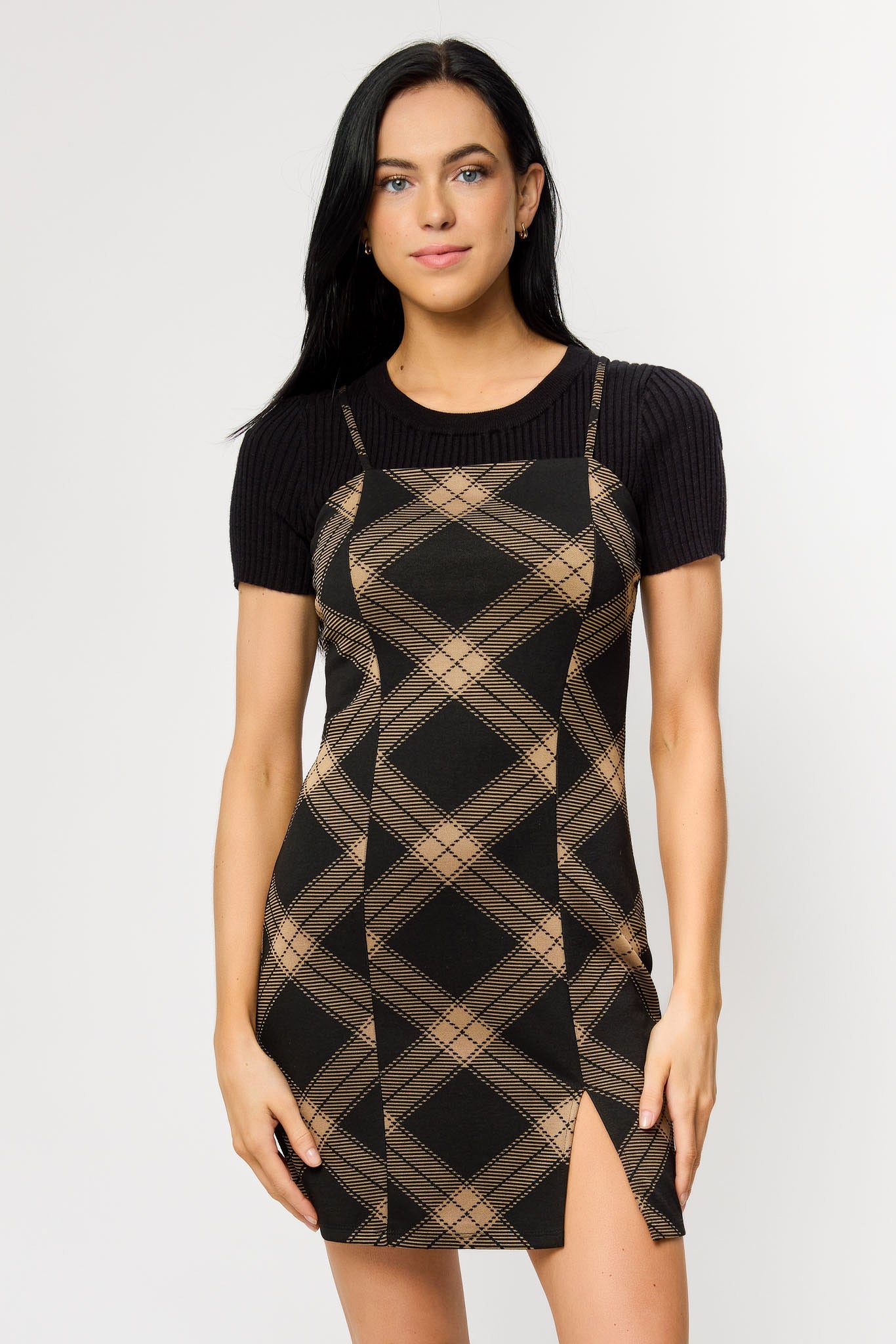 Plaid Print Spaghetti Strap Bodycon Dress with Side Slit