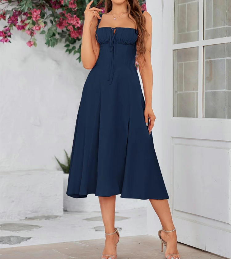 Plus Size Women's Elegant Lace Up Midi Dress – Square Neck, Tie Front