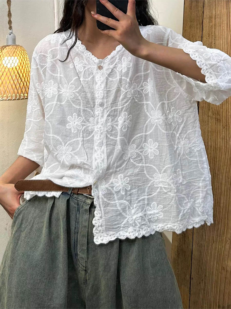 Women's V-neck Half Sleeve Embroidered Cardigan Buttoned Casual Linen Top