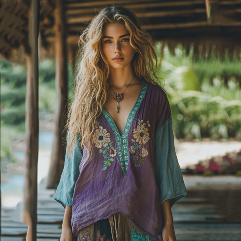 Retro Boho Tribal Floral Art Embroidery Print Cotton And Linen V-neck Loose Shirt ad16