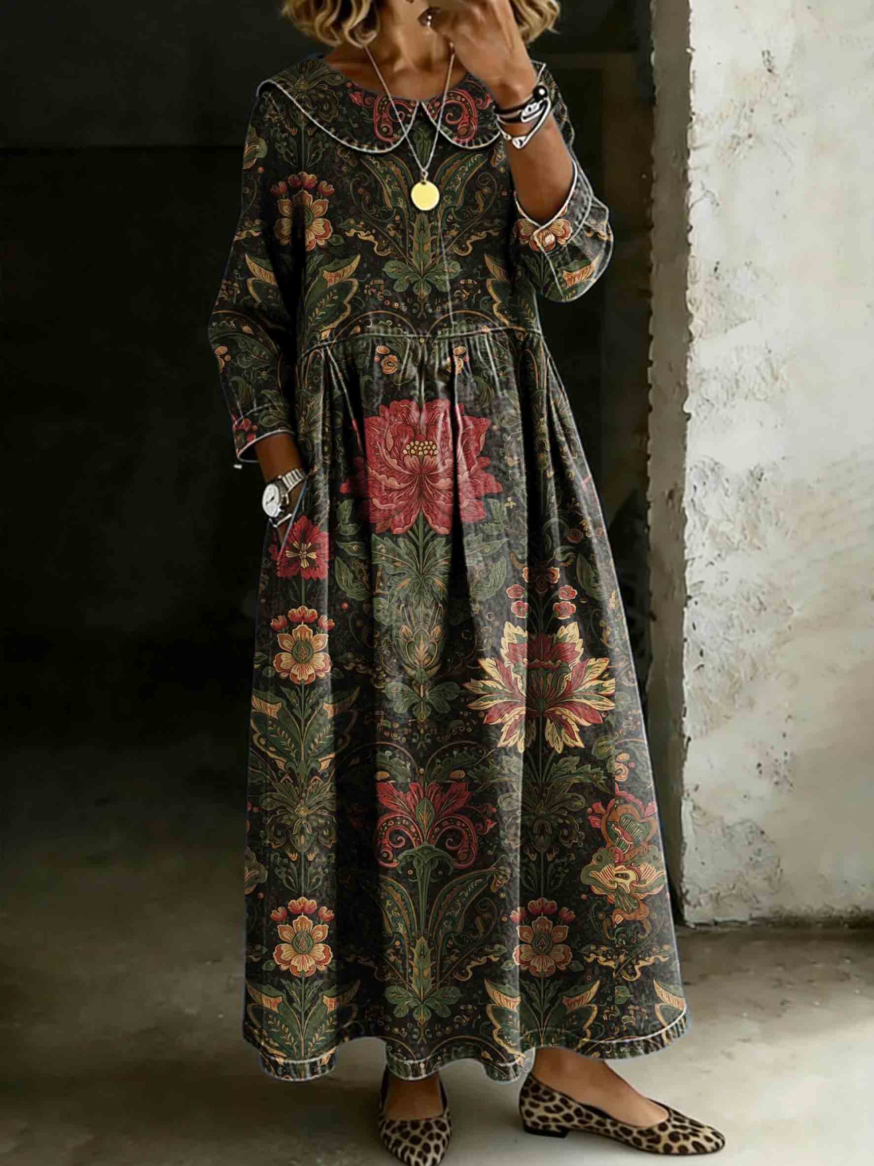 Women's Vintage Ethnic Symmetrical Floral Print Lapel Collar Pleated Long Sleeve Casual Loose Denim Dress