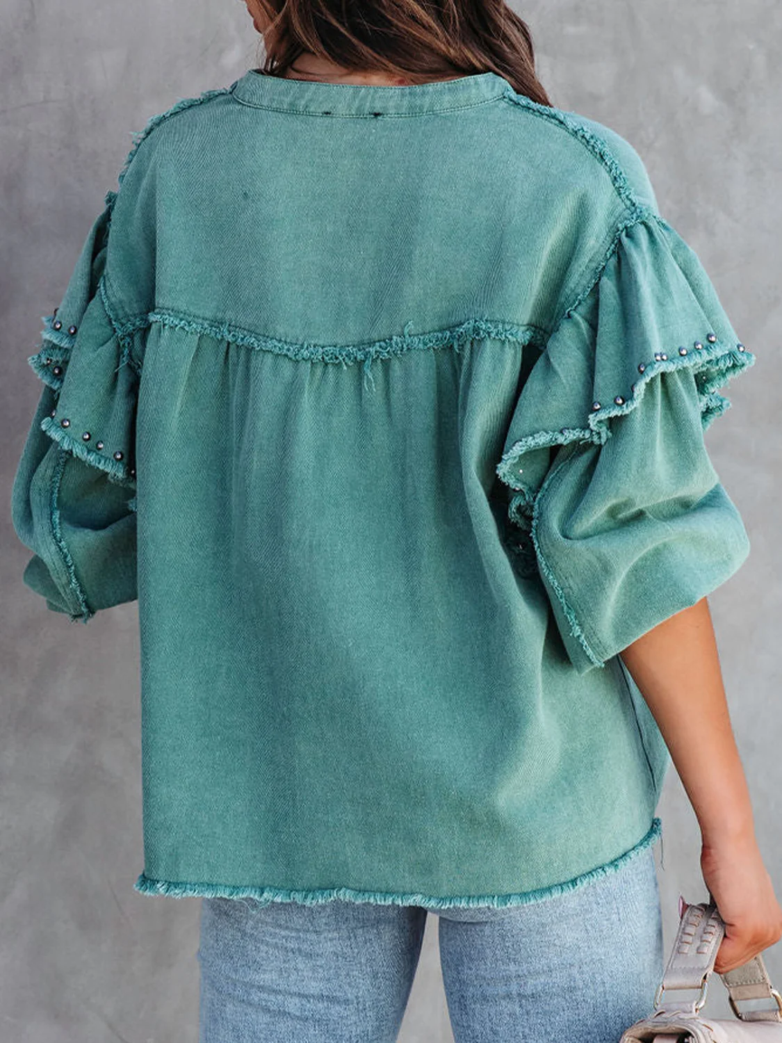 Button Down Raw Hem Studded Denim Jacket