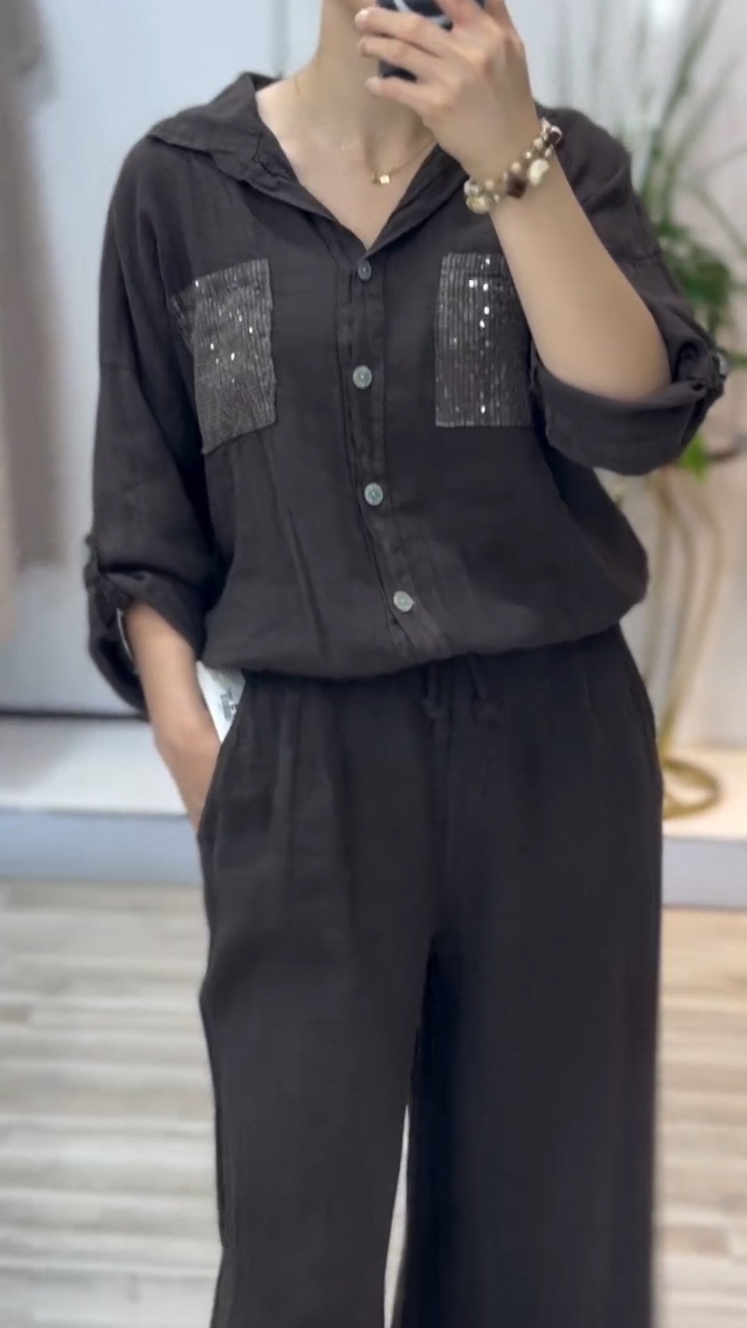 Women's Lapel Mid-length Sleeve Sequined Casual Suit